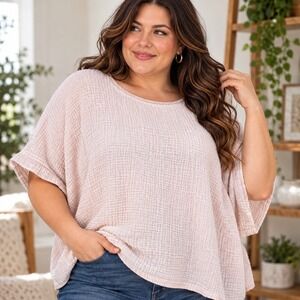 Moment Italy Pink Gauzy Cotton Boxy Top 3X ART 1389 Short Sleeve